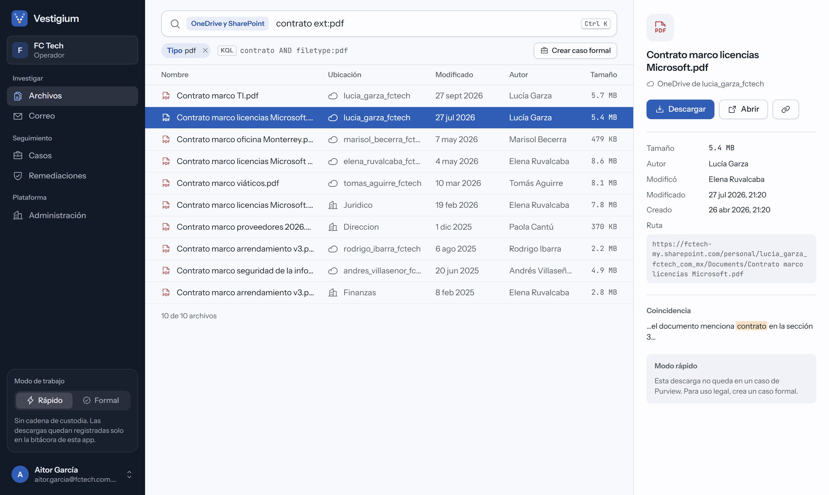 SearchPilot mostrando los contratos en PDF de toda la organización, con el detalle del archivo seleccionado y el botón Descargar.